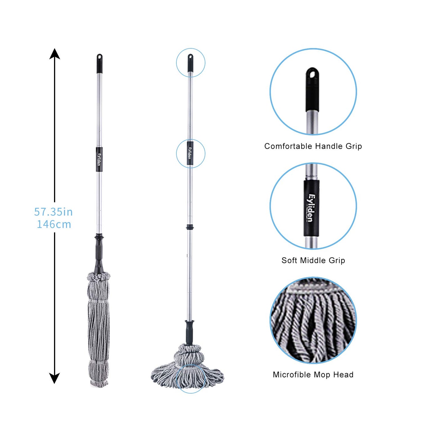 Eyliden Mop With 2 Reusable Heads, Easy Wringing Twist Mop, With 57.5 Inch Long Handle, Wet Mops For Floor Cleaning, Commercial