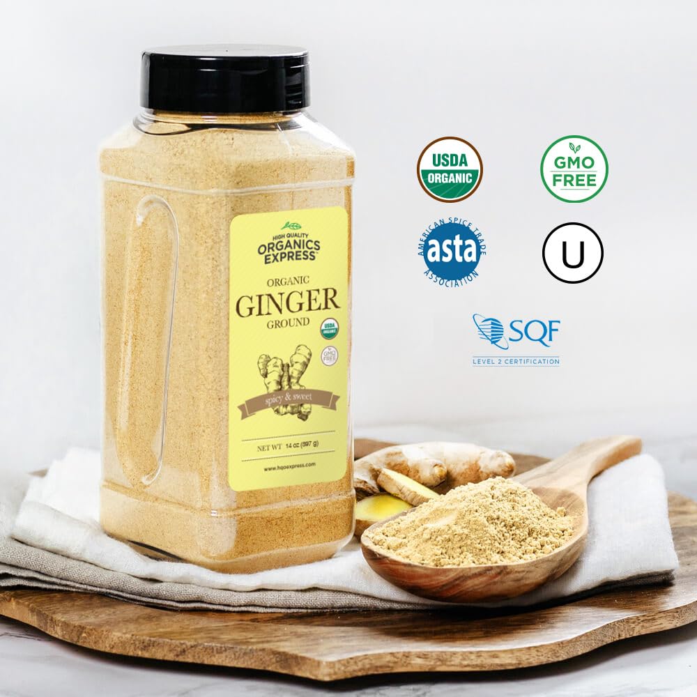 HqO Organic Ground Ginger, Non-GMO, Kosher, 14 oz Chef Jar