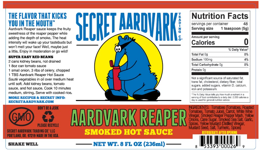 Secret Aardvark Reaper Hot Sauce - Carolina Reaper Hot Sauce, Smoky Chipotle Hot Sauce, Low Carb, Dairy Free, Spicy Bbq Sauce, H