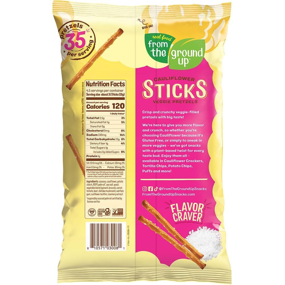 REAL FOOD FROM THE GROUND UP Cauliflower Pretzel Sticks, Original, 4.5 oz (Pack of 6)