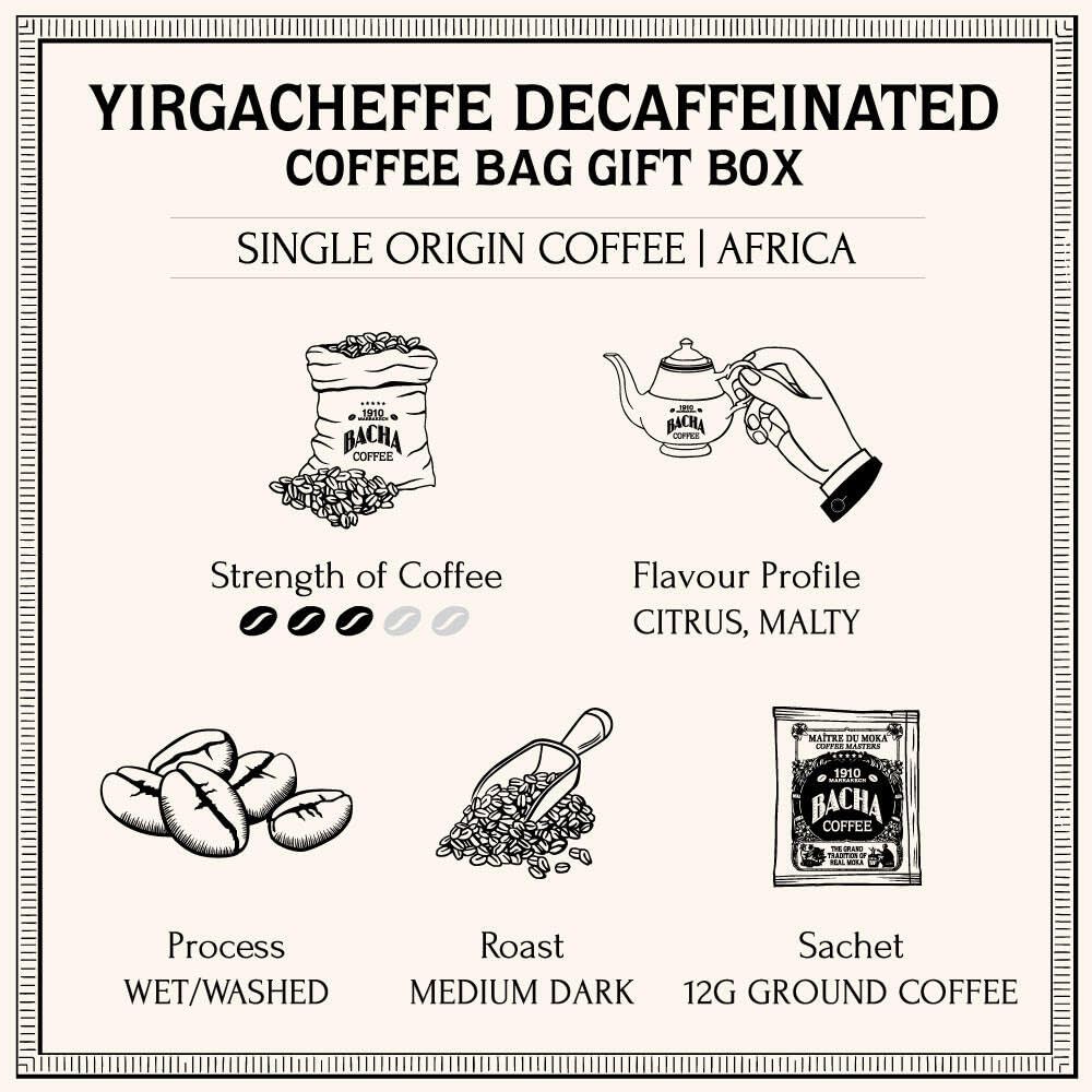 Bacha Coffee | Yirgacheffe Decaffeinated Ethiopia Single Origin, 100% Arabica Beans, Medium Dark Roast, X12 Individually Wrapped