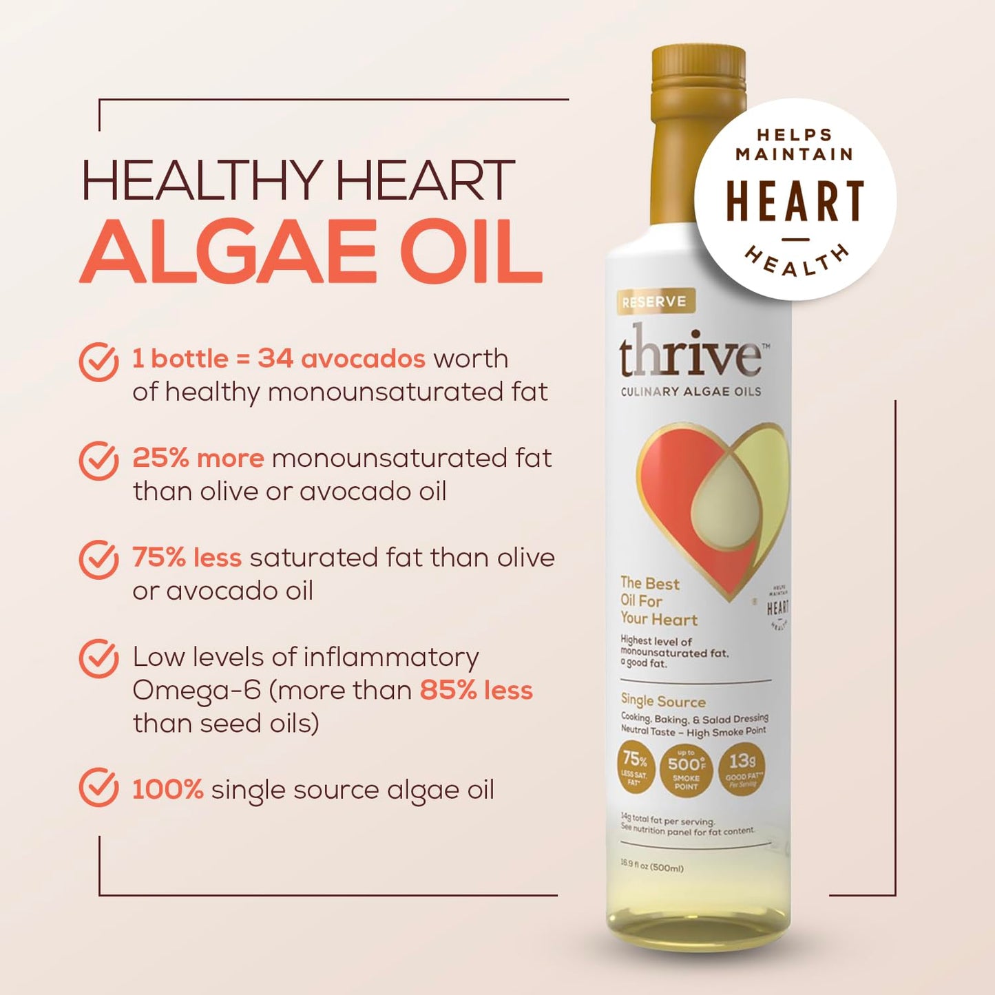 Thrive Cooking Oil - Reserve Pure Algae Oil, Heart And Health-Conscious Oil, Rich In Omega-9 Monounsaturated Fat (90%), Very Low