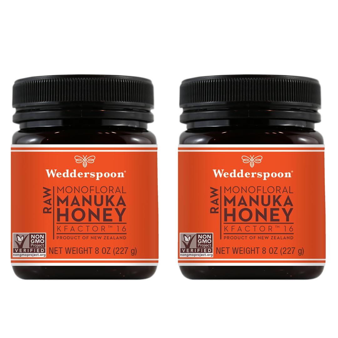 Wedderspoon Raw Premium Manuka Honey, Kfactor 16, 8 Oz (Pack Of 2), Unpasteurized, Genuine New Zealand Honey, Traceable From Our