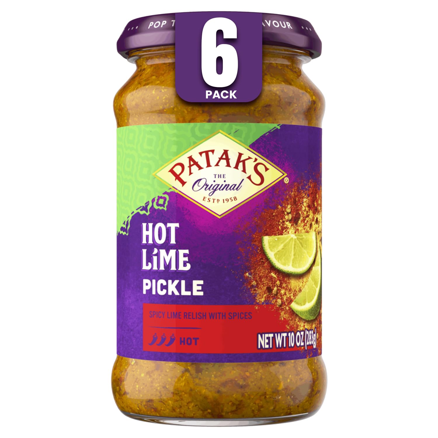 Pataks Hot Lime Pickle - Authentic Indian Relish w/Lime Dices, Mustard Seeds & Aromatic Spices - Perfect for Sandwiches, Curries