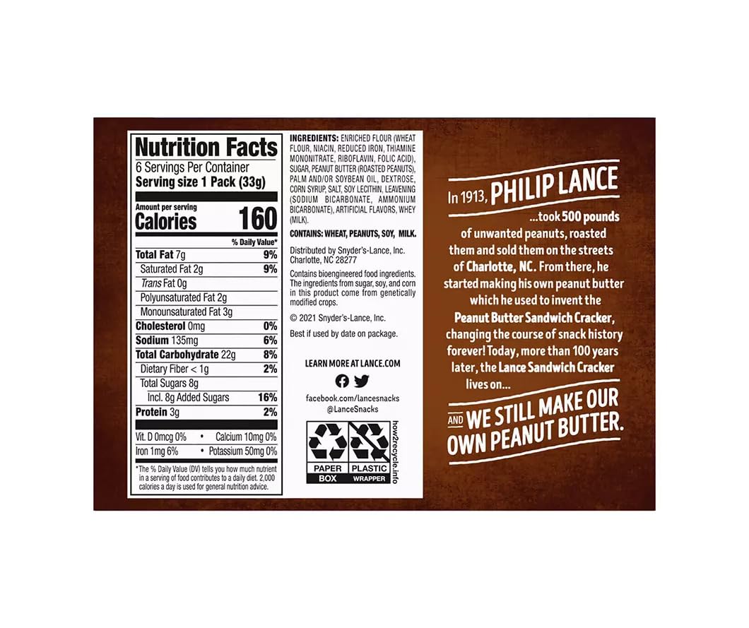 Lance Nekot Peanut Butter Sandwich Cookies - 6 Packs Of 4 Sandwiches (7 Oz Total)