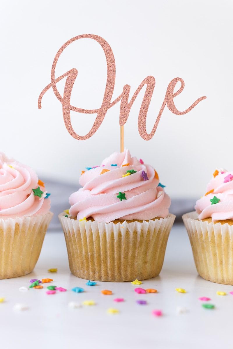 24Pack First Birthday Cupcake Topper - Glitter Pink One Cupcake Picks,1St Birthday Cupcake Decorations Supplies (Pink)