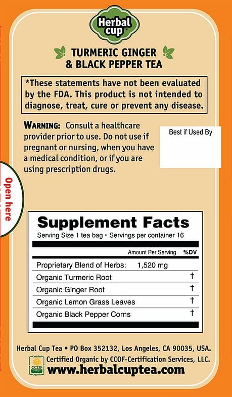Herbal Cup Turmeric Tea, Organic Ginger & Black Pepper, Caffeine-Free, 16 Count, Pack of 1, Model 0609224863165
