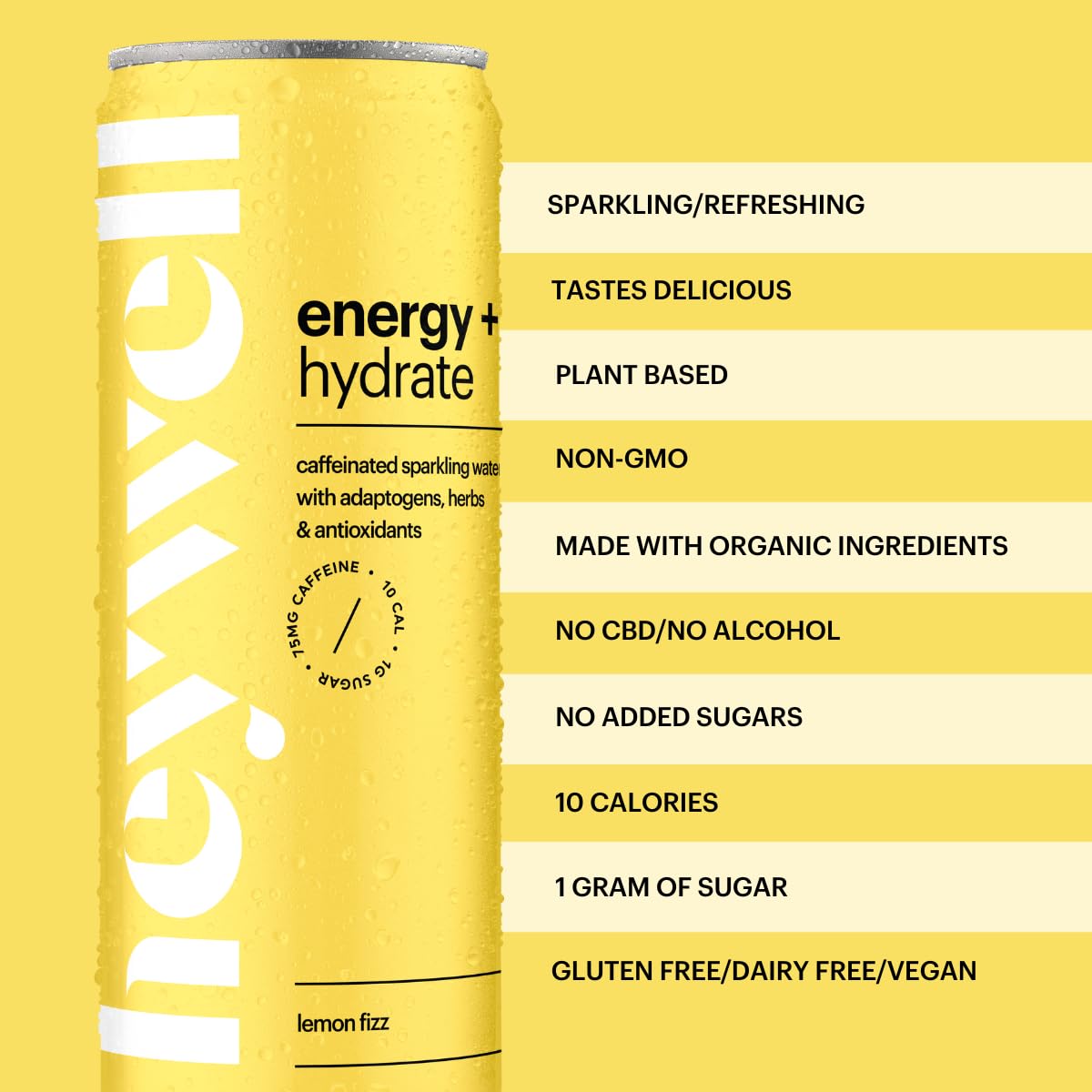 Heywell Sparkling Adaptogenic Water Energy And Focus, Lemon Fizz Flavor 12 Fluid Ounce (Pack Of 12) - Caffeinated, Organic, Non