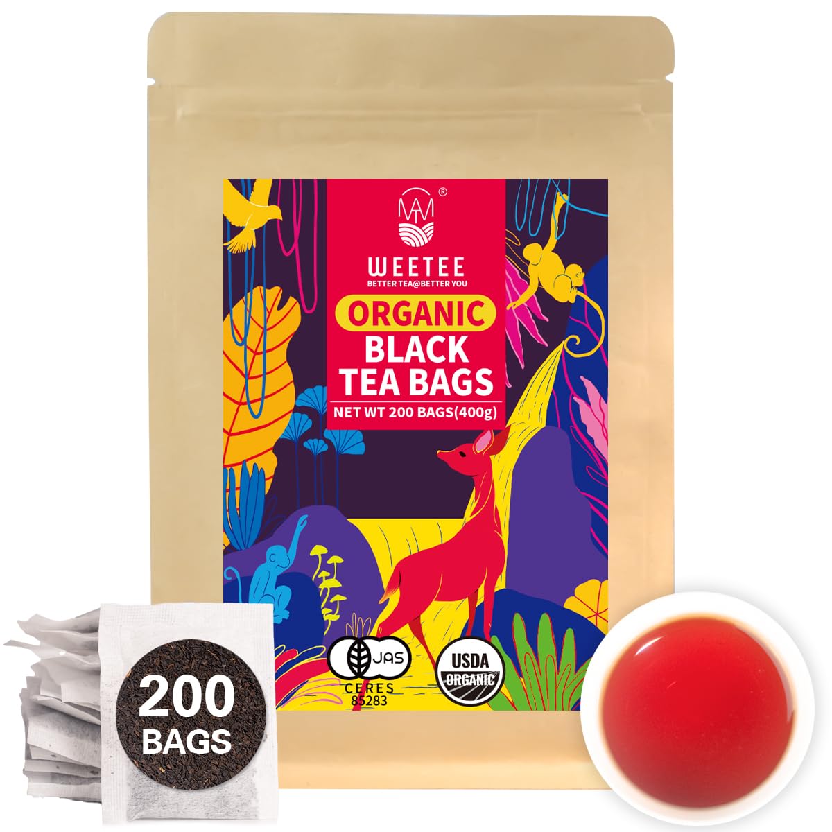 Wt Weetee Organic Black Tea Bags, Organic Black Tea 200 Count, Antioxidant, Caffeinated | Resealable Kraft Bag | Brew Hot Or Iced