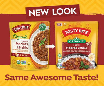 Tasty Bite Organic 3 Bean Madras Lentils, 10 Ounce, Pack of 6, Simmered With Tomato & Spices, Ready to Eat, Microwavable