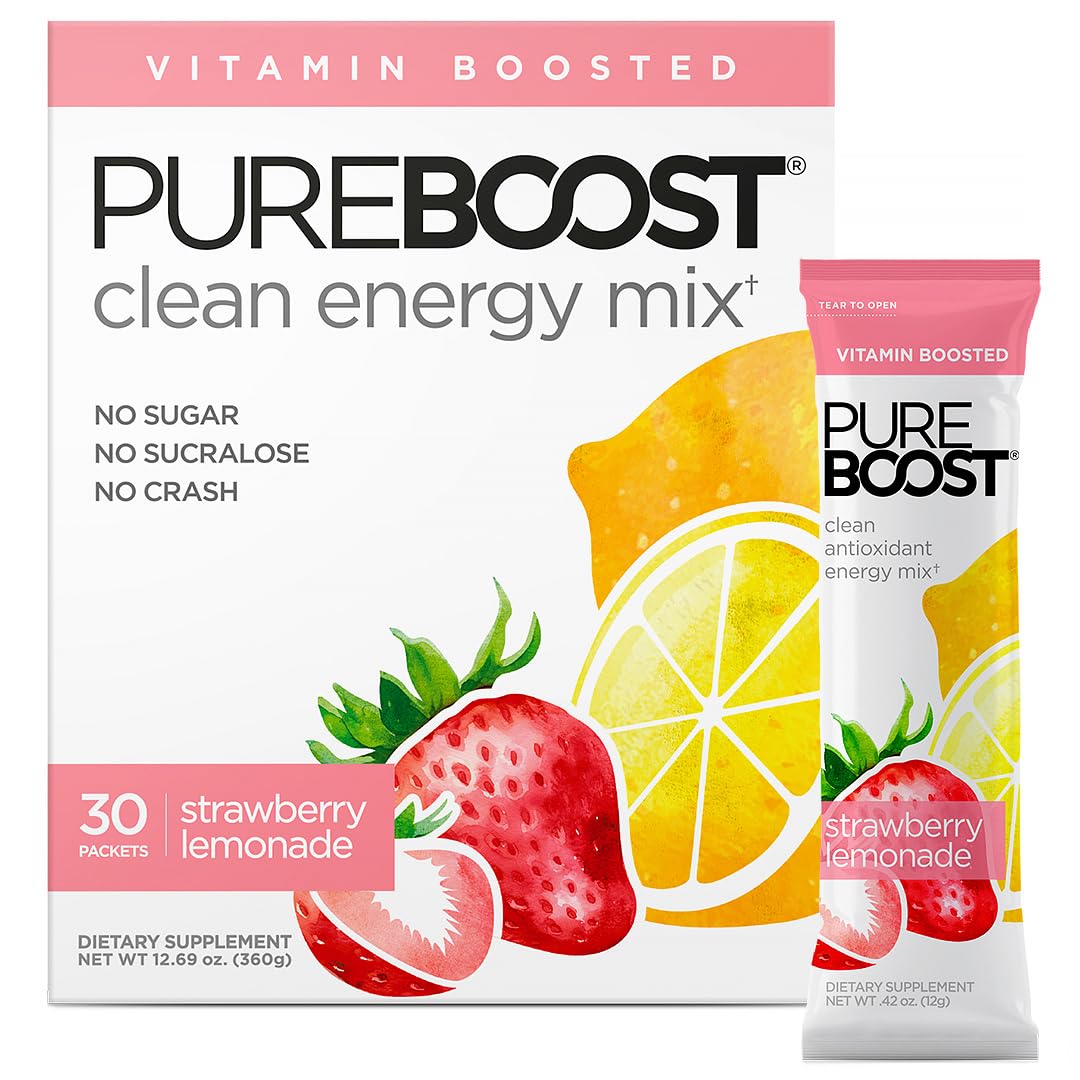 Pureboost Clean Energy Booster  Refreshing Energy Drink Mix With B12 Vitamins  Electrolytes  Antioxidants  Sugar-Free With No Sucralose (Strawberry Lemonade  30 Count)