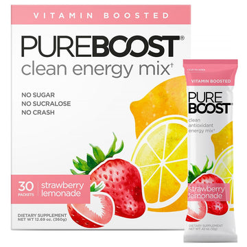 Pureboost Clean Energy Booster  Refreshing Energy Drink Mix With B12 Vitamins  Electrolytes  Antioxidants  Sugar-Free With No Sucralose (Strawberry Lemonade  30 Count)