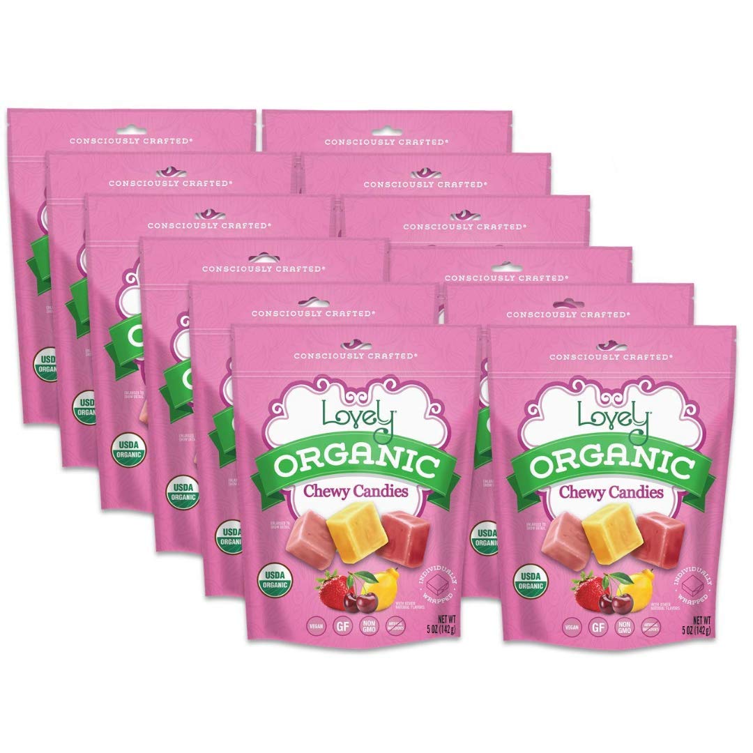 Lovely Candy Co. Organic Chewy Candies 5oz Bag (12-pack) | Natural Strawberry, Lemon & Cherry Flavors | Vegan, Gluten Free, Non-