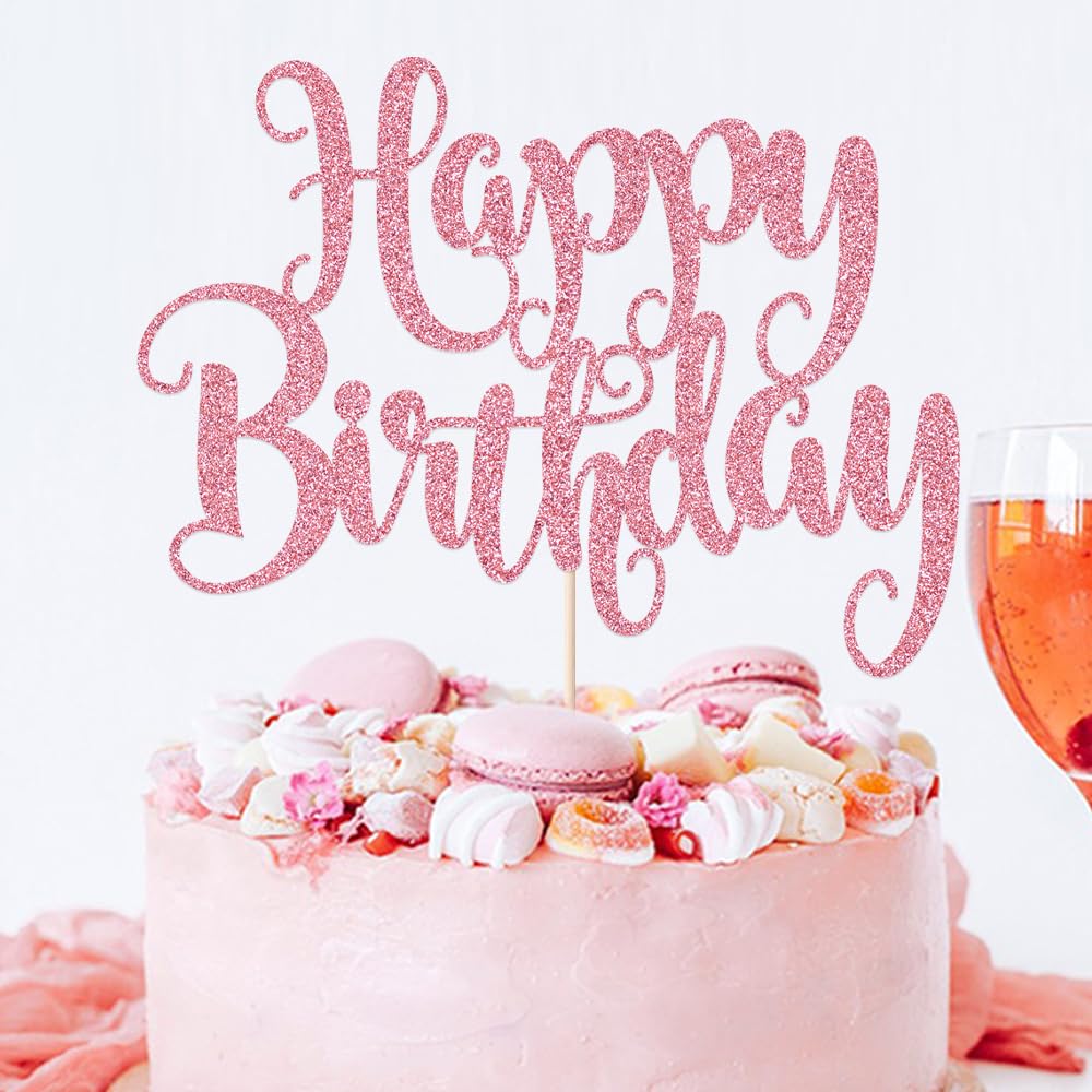 Fmiyuneea Happy Birthday Cake Topper- Glitter Happy Birthday Cake Decor, Handmade Anniversary/Birthday Party Supplies (Pink)