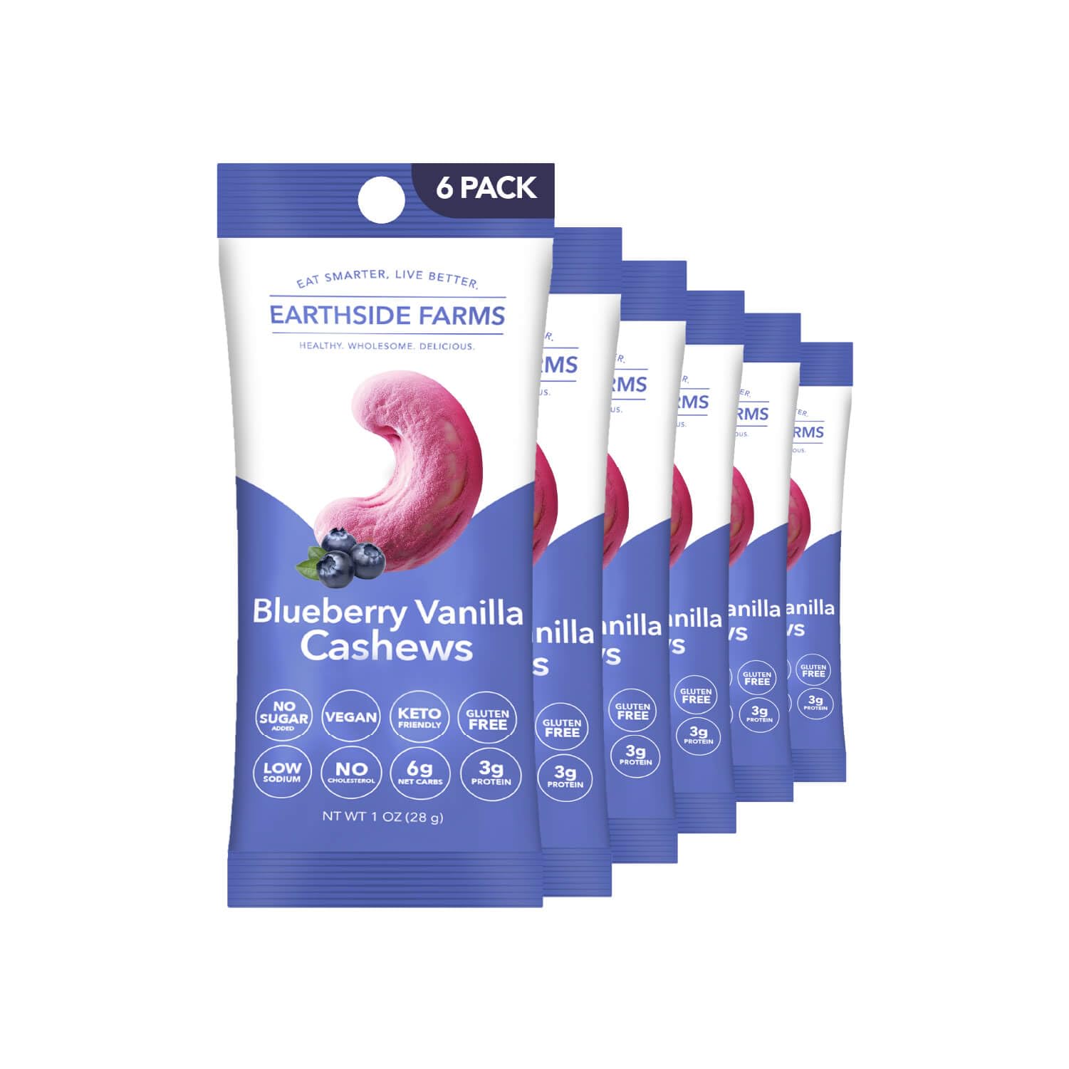Earthside Farms Blueberry Vanilla Cashews, Candied Cashews, Low Sugar Keto snack, Non GMO, Plant Protein, Vegan, Whole, Natural,