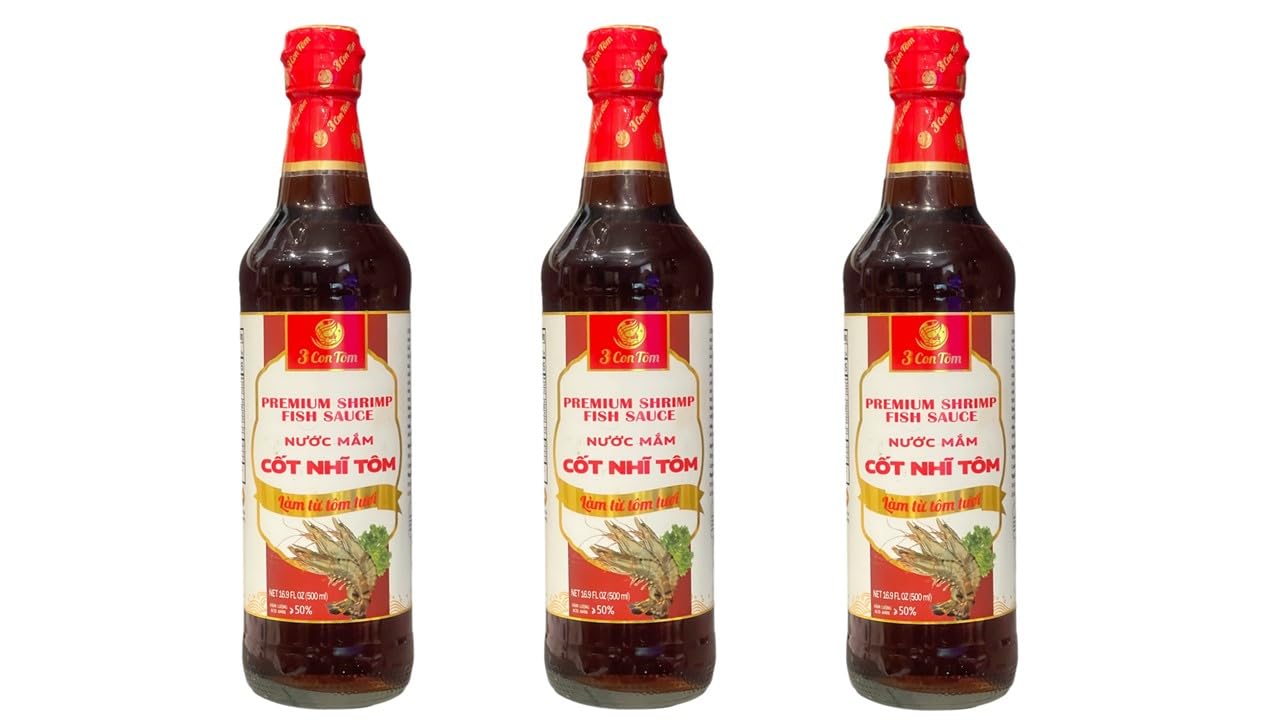 3 Packs - Premium Shrimp Fish Sauce Glass Bottle - Nuoc Mam Cot Nhi Tom Chai Thuy Tinh - 16.9 Oz per Glass Bottle with 3 Bottles