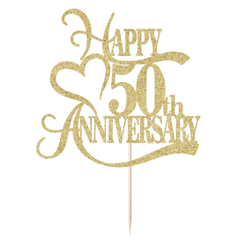 Yetxel Gold Glitter 50th Anniversary Cake Topper - 8x7 inches Decoration for Weddings and Birthdays