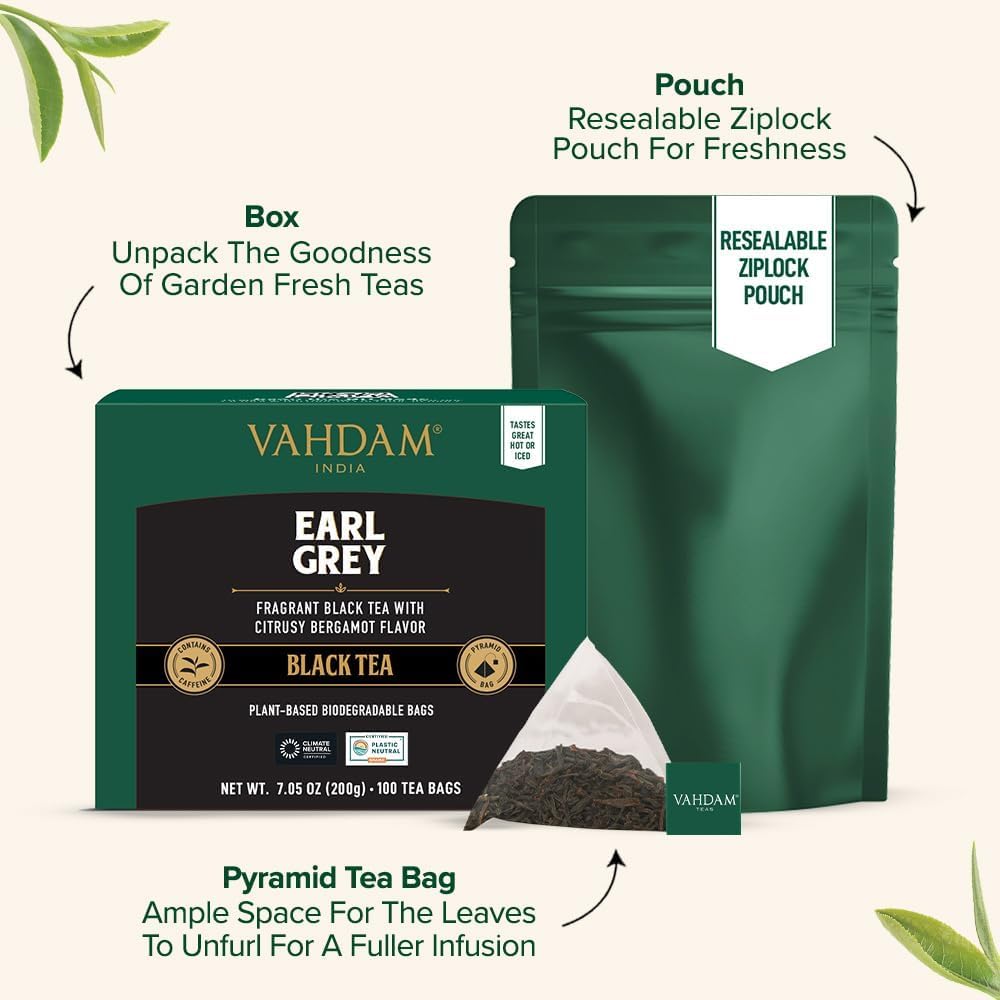 VAHDAM Earl Grey Black Tea Bags, Medium Caffeine, Non-GMO, Gluten Free, 100 Count, Resealable Ziplock Pouch