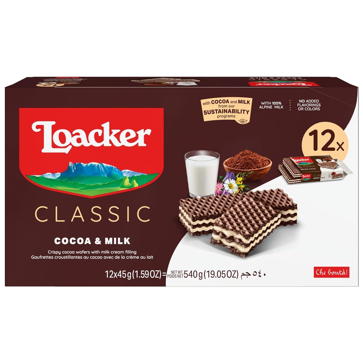 Loacker Classic Cocoa & Milk Wafers - Premium Crispy Cocoa Wafer Cookies with Milk Cream Filling - Multipack of 12 Snack Packs -