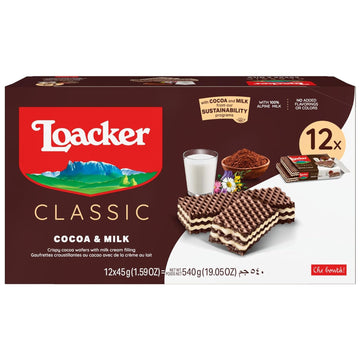 Loacker Classic Cocoa & Milk Wafers - Premium Crispy Cocoa Wafer Cookies with Milk Cream Filling - Multipack of 12 Snack Packs -