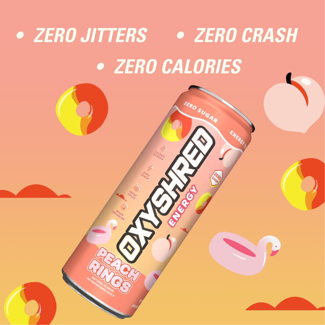 EHPlabs OxyShred Ultra Energy Drink - Zero Sugar, Zero Carbs, Natural Caffeine, Peach Candy Rings, 12 Fl Oz (Pack of 12)