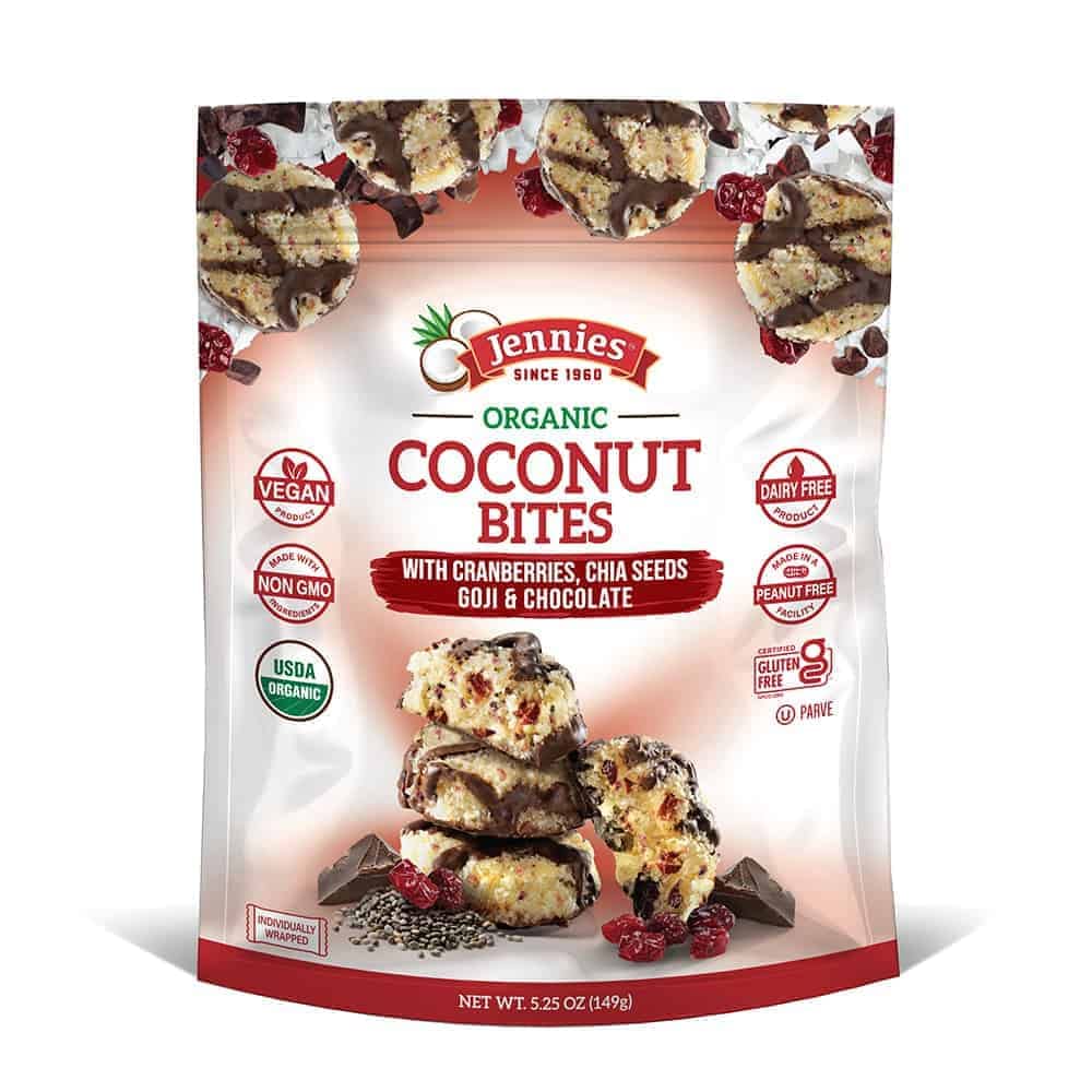 Jennies Organic Coconut Bites with Cranberries & Chocolate, Gluten Free, 5.25oz (2 Pack)