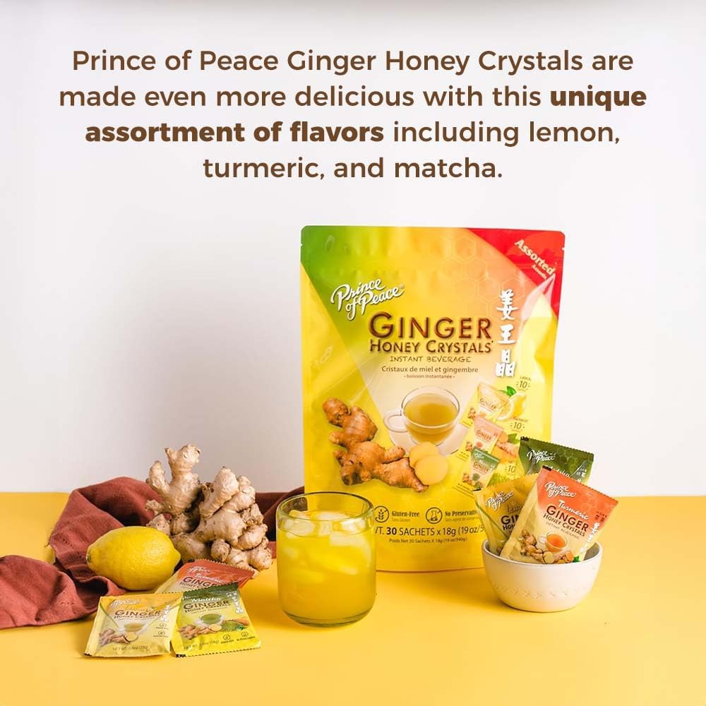 Prince of Peace Instant Ginger Honey Crystals in Assorted Flavors, Turmeric, Lemon, and Matcha, 30 Sachets - Instant Hot or Cold