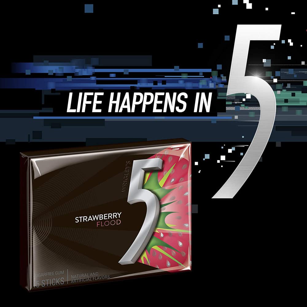 5 Gum Sour Strawberry Sugar Free Chewing Gum Bulk Pack, 15 Stick (Pack Of 10)