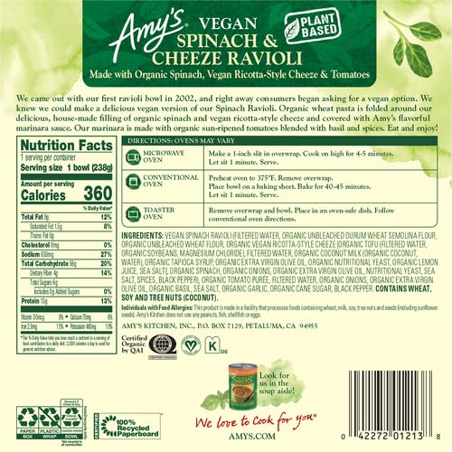 Amys Frozen Meals, Vegan Spinach Ravioli Pasta Bowl, Made With Organic Spinach, Vegan Ricotta-Style Cheeze, and Tomatoes, Micro