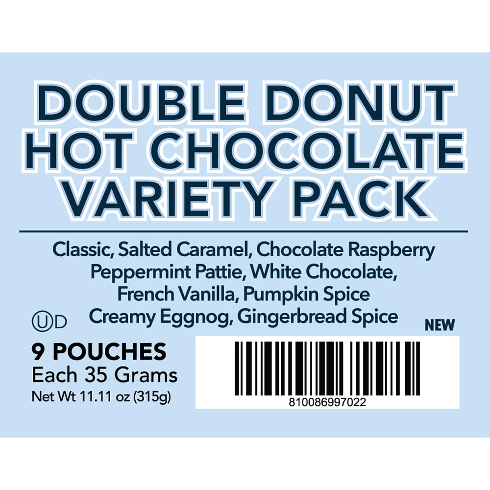 Double Donut Coffee Flavored Hot Chocolate Packets Variety Pack  9 Count Includes Classic  Chocolate Raspberry  Salted Caramel  Peppermint  Eggnog & Gingerbread