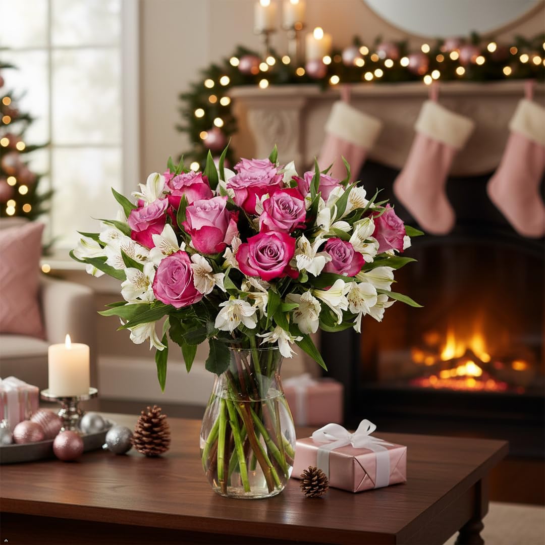 Benchmark Bouquets - Delightful Roses & Alstroemeria (Glass Vase Included) - Fresh Flowers for Delivery - Gift for Graduation, B