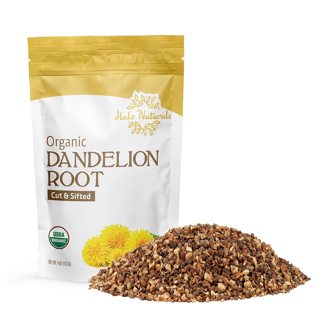 Halo Naturals Organic Dandelion Root Cut & Sifted  4 Ounces (Taraxacum officinale) USDA Certified | Resealable Pouch| Packaged in The USA