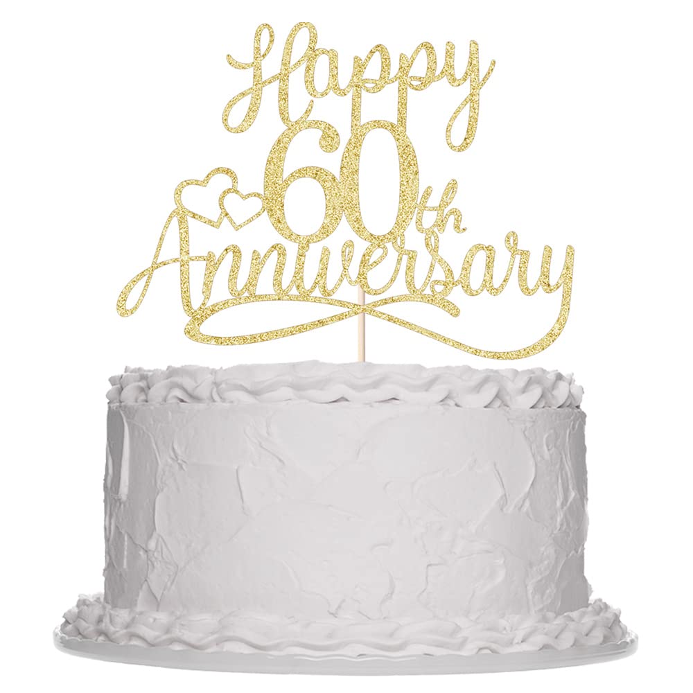 Sleyberoy Gold Glitter Happy 60th Anniversary Cake Toppers -Wedding Anniversary Party Decorations, 60th Wedding Anniversary, Com
