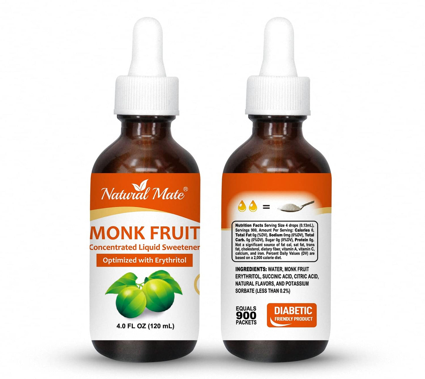 Natural Mate Monk Fruit Liquid Sweetener with Erythritol, 4 FL OZ, Glass Bottle