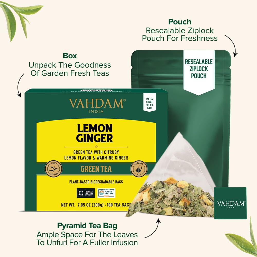 VAHDAM Lemon Ginger Green Tea Bags, 100 Count, Non-GMO, Gluten Free, Fruity Flavor, Resealable Ziplock Pouch