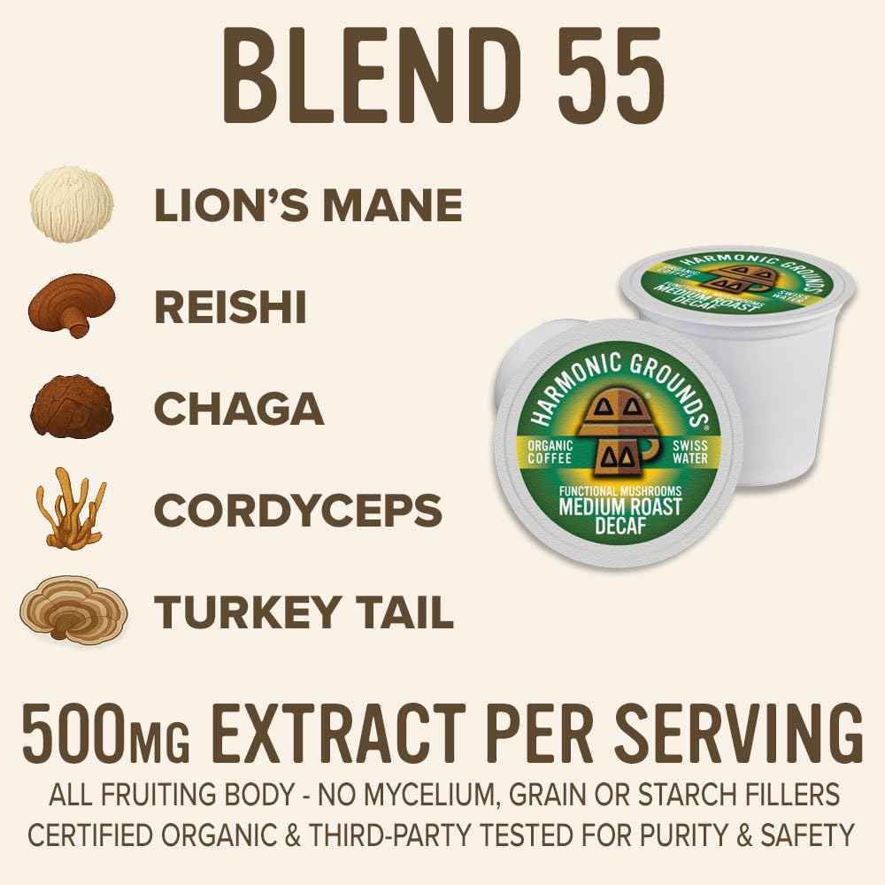 Harmonic Grounds Organic Decaf Mushroom Coffee Pods - Medium Roast with Lions Mane, Reishi, Chaga & Cordyceps - 34 Count Compatible with Keurig