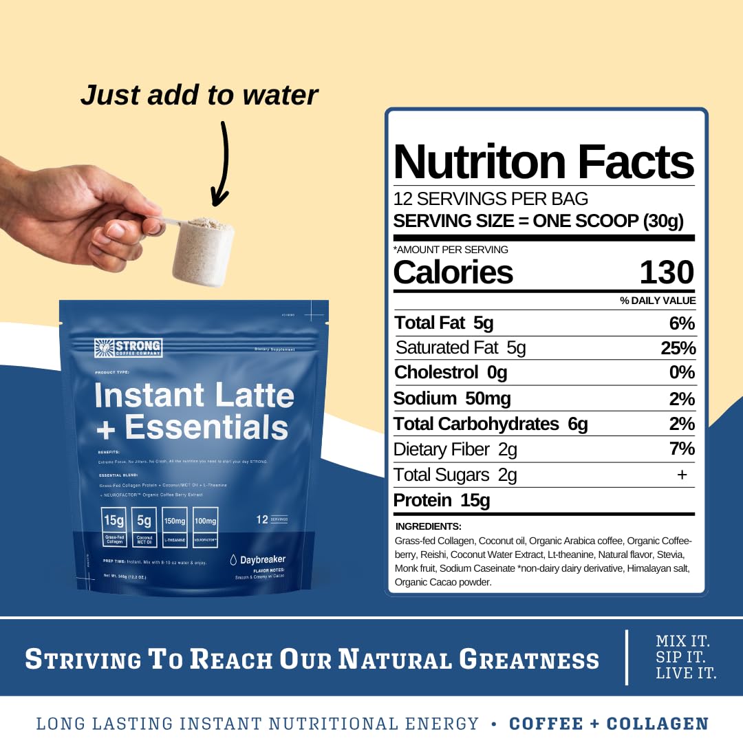 STRONG COFFEE COMPANY  DAYBREAKER  INSTANT CACAO LATTE - 12 Single Serving Packs  15g Protein  Instant Protein Coffee with Collagen  Adaptogens & Nootropics  No Crash  No Jitters