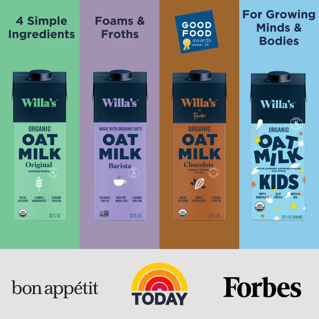 Willa s Organic Kid s Oat Milk Unsweetened with 8g Protein & 240g Calcium  Plant-Based Milk for Kids  Dairy-Free  Low Sugar  2g Fiber - 32 oz  6 Pack
