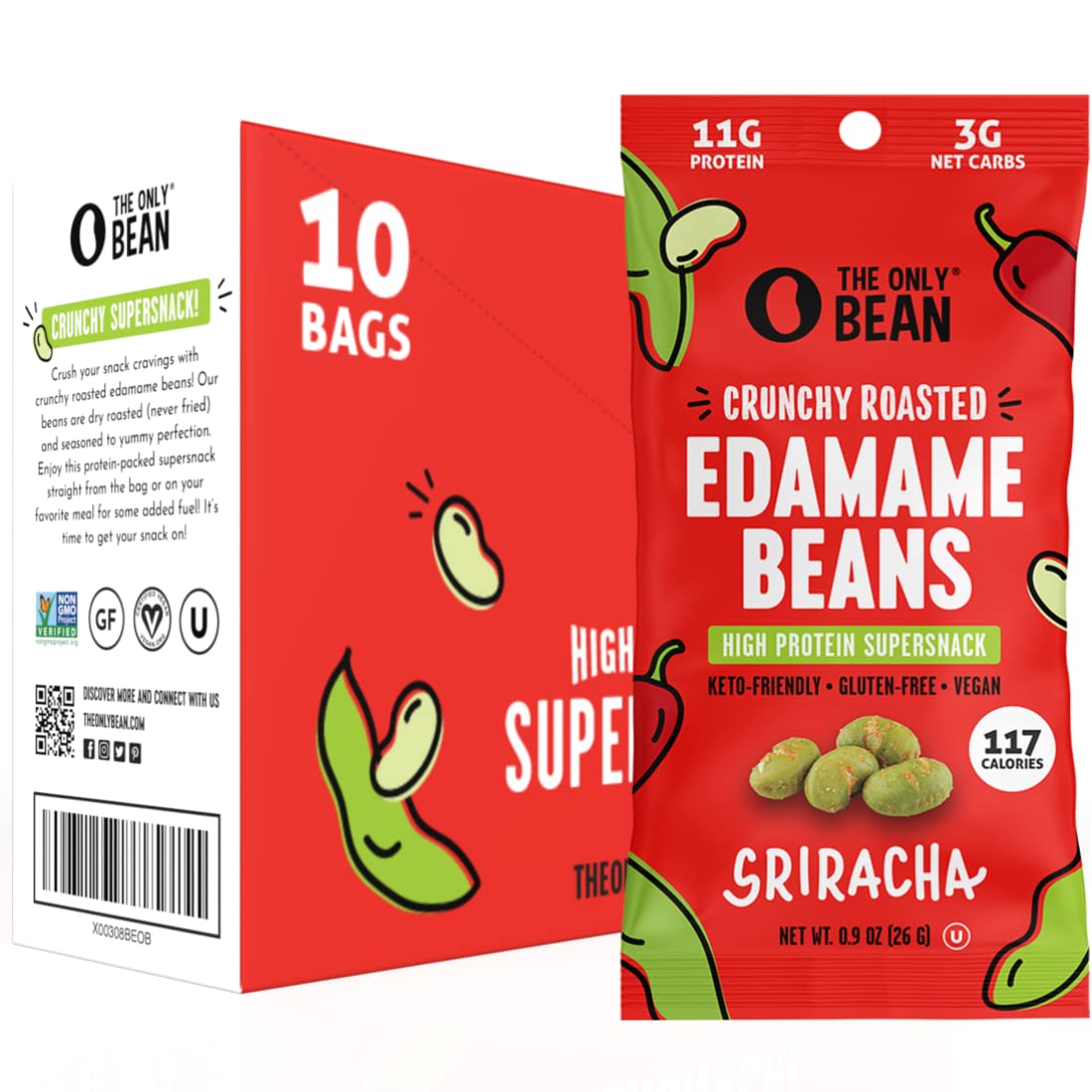 The Only Bean Crunchy Roasted Edamame Snacks Pack (Sriracha), Protien Keto Food, Gluten Free, Asian Chinese Korean Japanese Snac