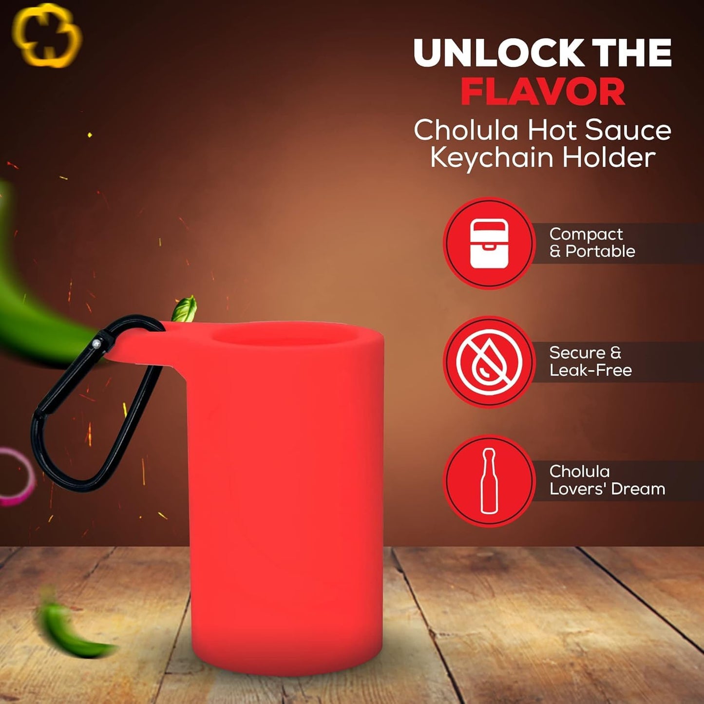 Cholula Hot Sauce Keychain - Portable 0.75 Oz Mini Bottle With Custom Holder - Travel Size Cholula Bottle - On-The-Go Spicy Flav