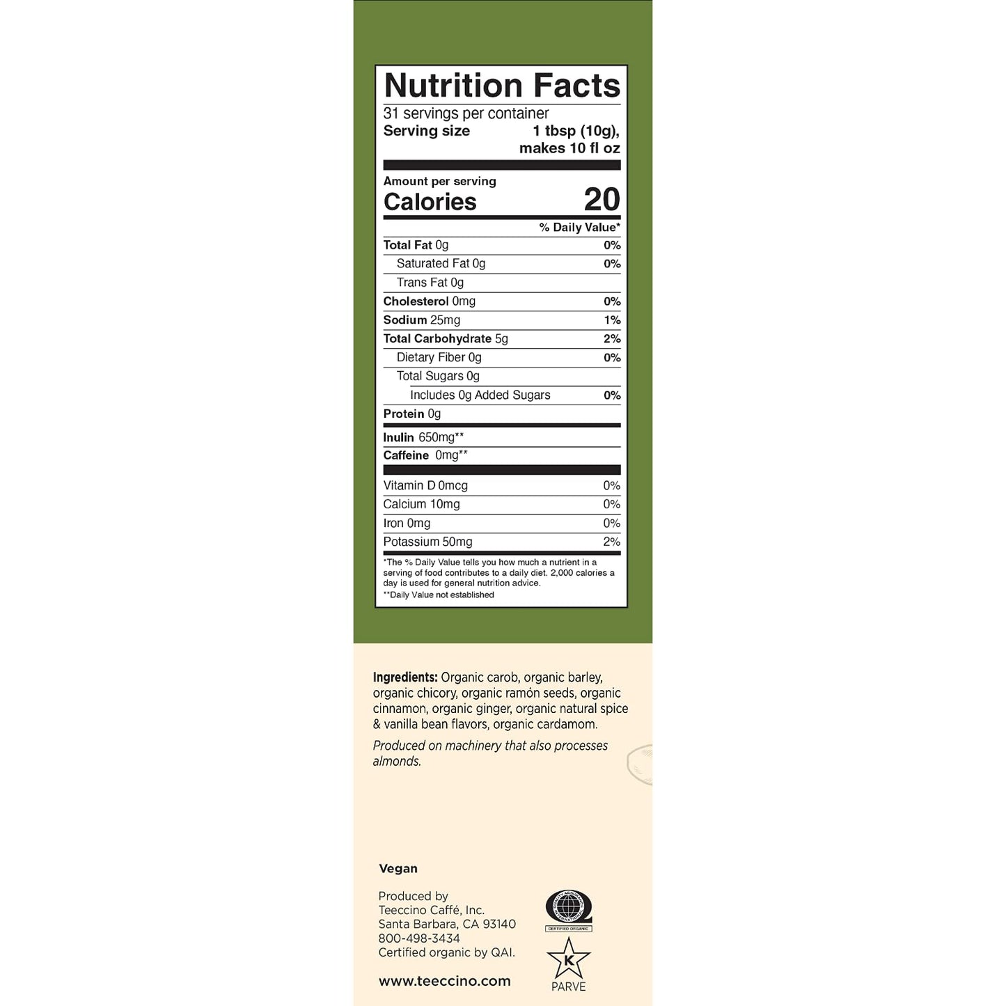 Teeccino Maya Chai Chicory Coffee Alternative, Medium Roast, Caffeine-Free, 11 Ounce