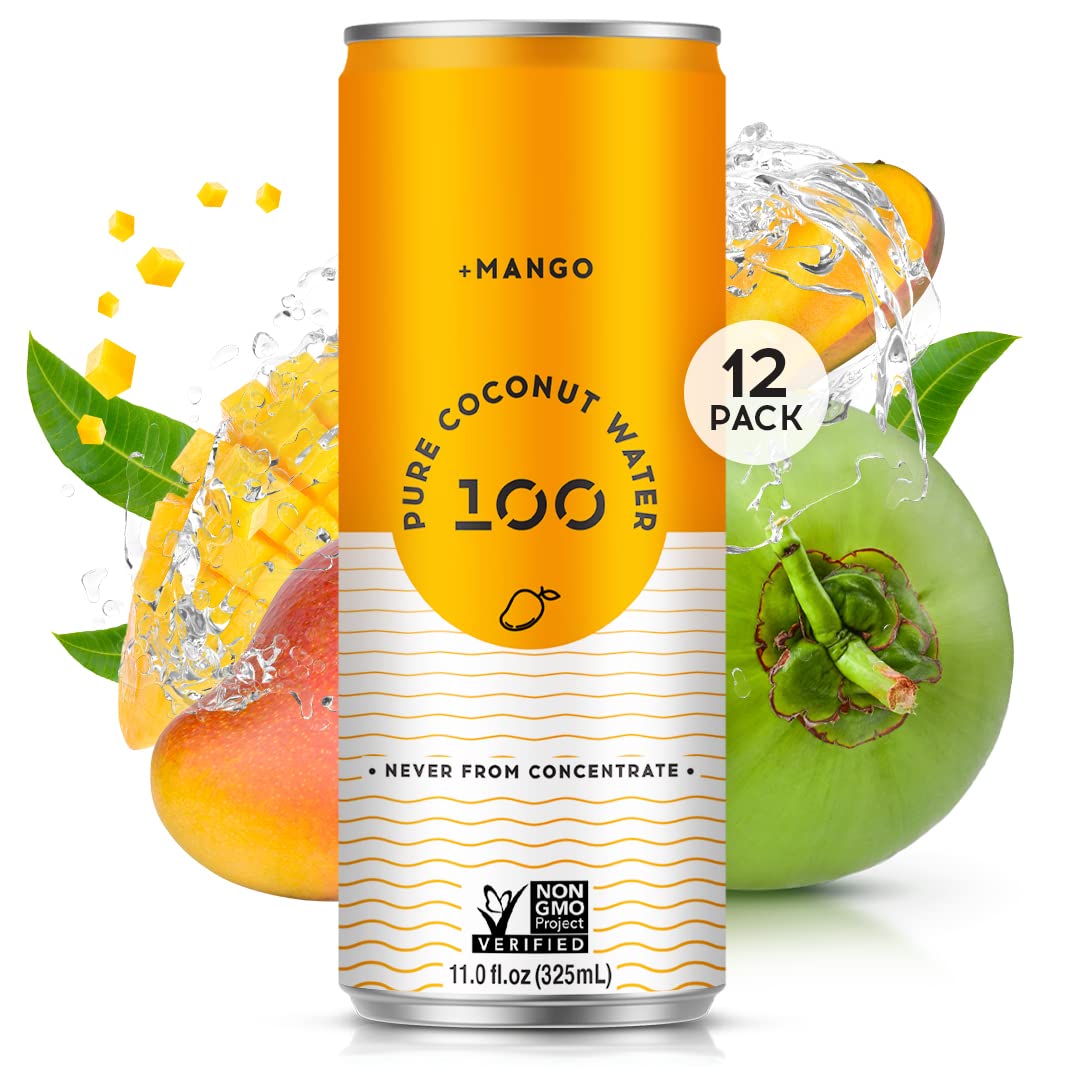100 Coconuts Mango Pure Coconut-100% Pure Coconut Water - Low Calorie All-Natural Drink with Electrolytes - Naturally Sweet  no preservatives- Non-GMO  11 fl oz  Pack of 12 (Pure Coconut Water)