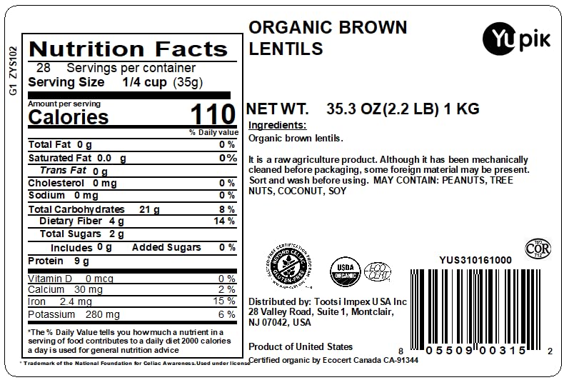 Yupik Organic Lentils, Brown, 2.2 lb, Non-GMO, Vegan, Gluten-Free (Pack of 2)
