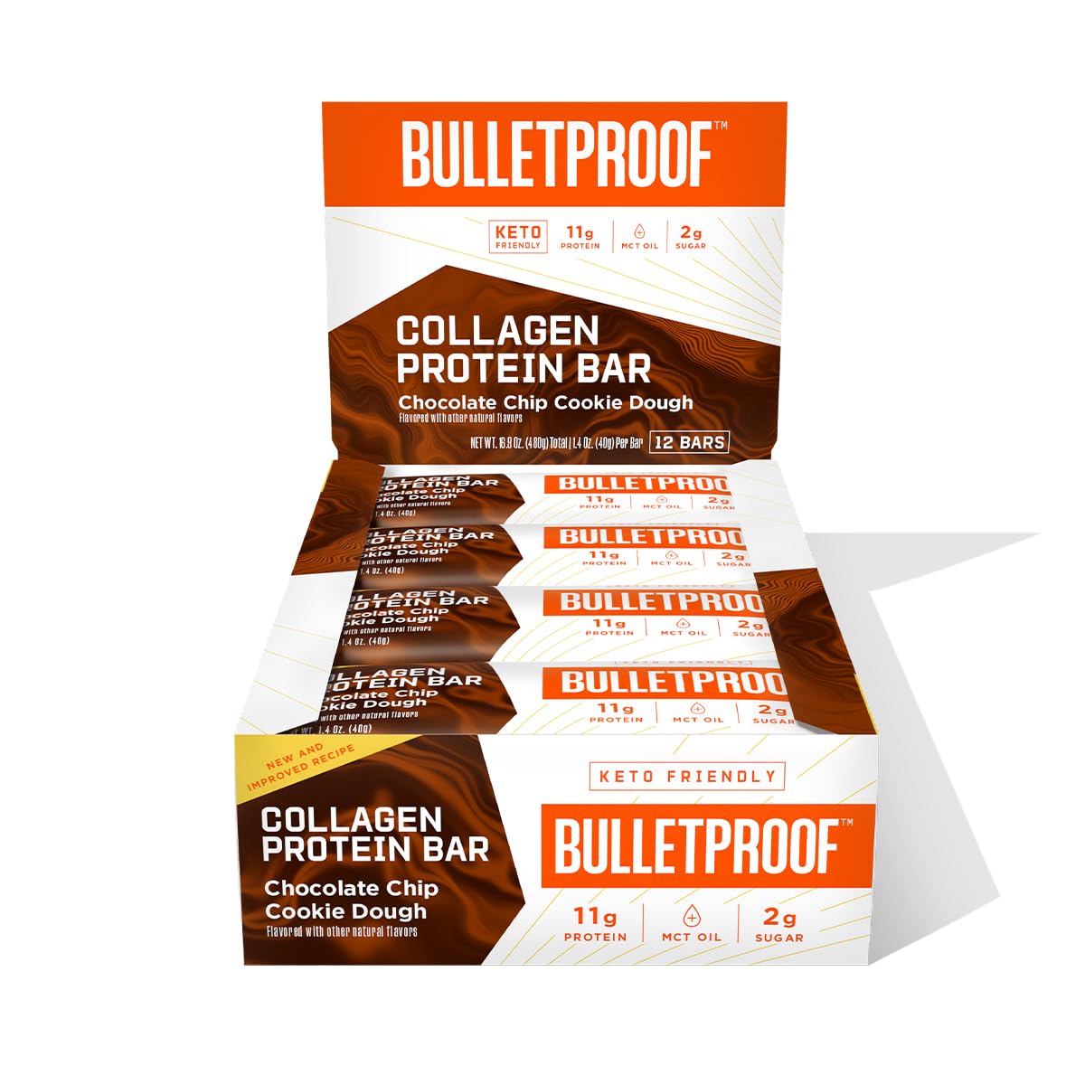 Bulletproof Chocolate Chip Cookie Dough Collagen Protein Bars, Pack Of 12, Keto-Friendly Snack With Mct Oil