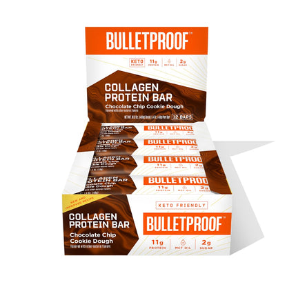 Bulletproof Chocolate Chip Cookie Dough Collagen Protein Bars, Pack of 12, Keto-Friendly Snack with MCT Oil