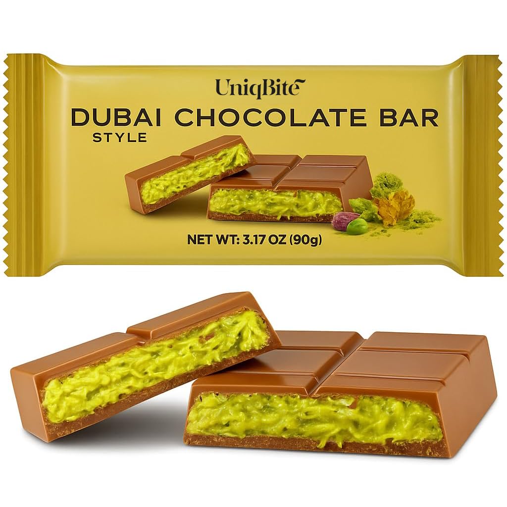 UniqBite Dubai Chocolate Bar Pistachio  3.17 oz (90gr)  Crunchy Loaded Knafeh Chocolate Bar with Pistachio Cream and Kataifi