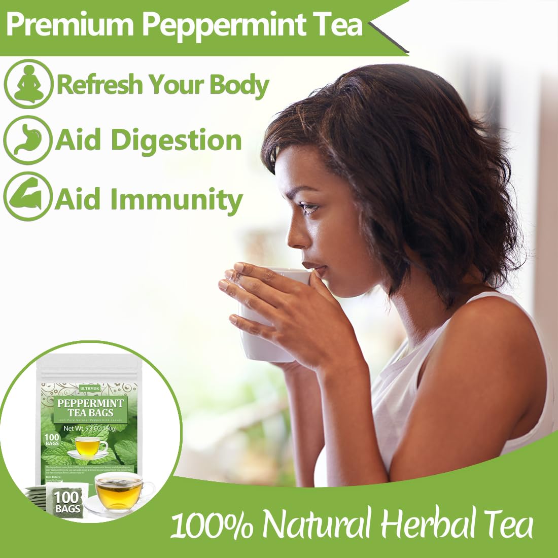 ULTHMOK Premium Peppermint Tea Bags, 100 Count, 100% Natural Peppermint Leaves, Caffeine-Free, No Additives