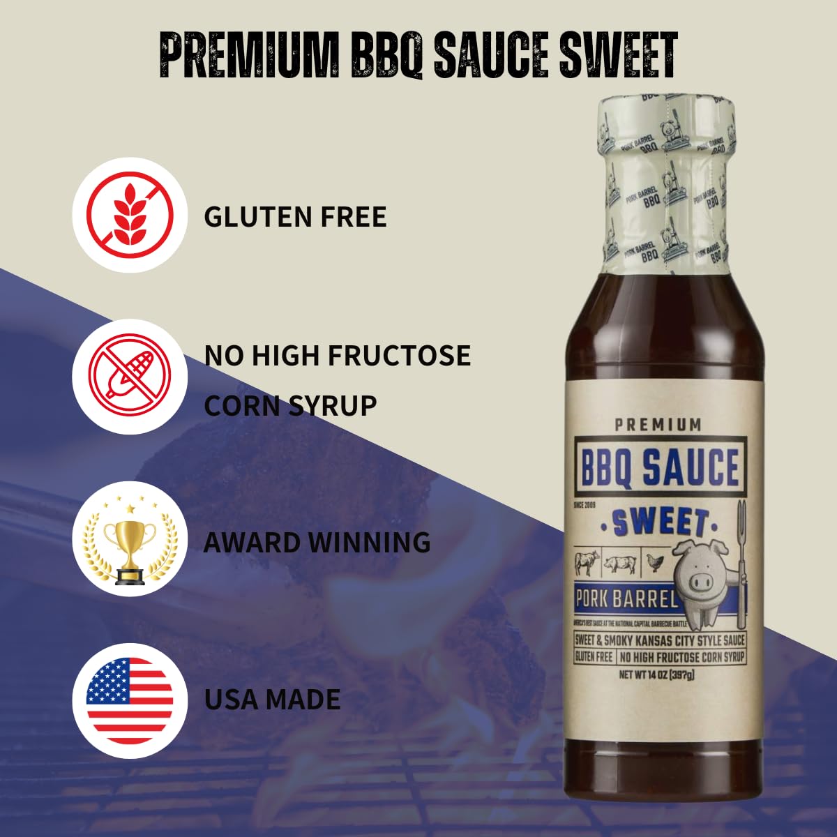 Pork Barrel BBQ Sweet BBQ Sauce | Kansas City Style | 2-Pack, 14oz | Gluten-Free, No High Fructose Corn Syrup