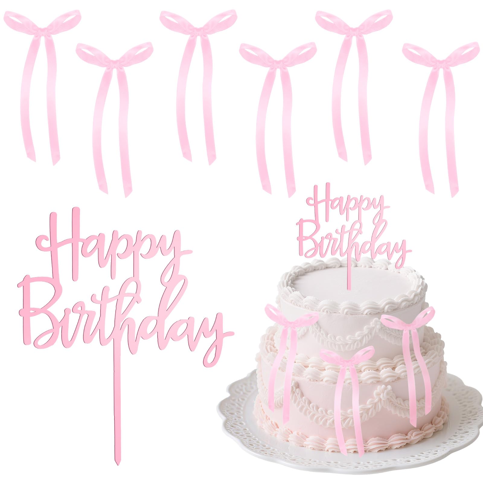 Yuomeaz 7Pcs Pink Bows For Cake  Pink Bow Cake Toppers With Happy Birthday Cakes Topper  Small Ribbon Bows Cakes Decorations For Birthday Wedding Anniversary Party Valentine S Day