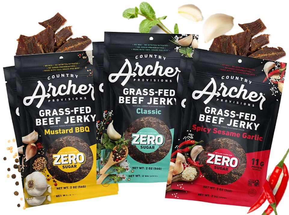 Country Archer Grass-Fed Beef Jerky Variety Pack - Beef Jerky Snack Packs, Beef Jerky Assortment, Jerky Sampler With Classic, Mu